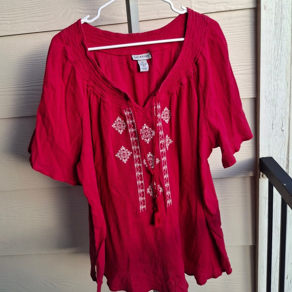 Catherines Womens 2X Red Cotton Embroidered Peasant Blouse Boho Tassel Top